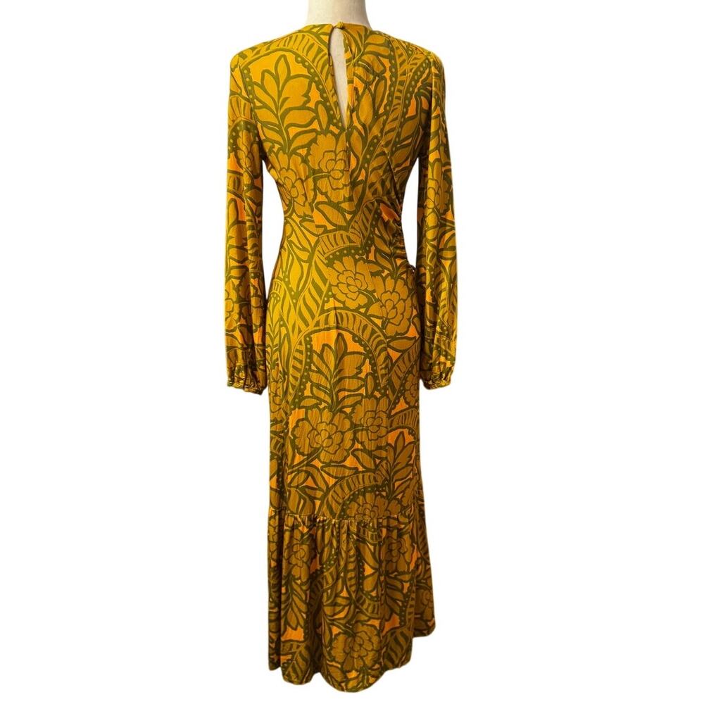 Never Fully Dressed Cutout Side Tie Maxi Dress Mustard Green Floral Print Size 4 - Picture 4 of 7